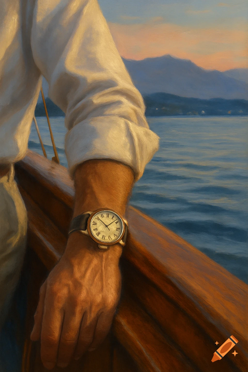 Close-up oil painting of a man's arm with a watch, resting on a wooden boat railing, overlooking a lake and mountains at sunset.