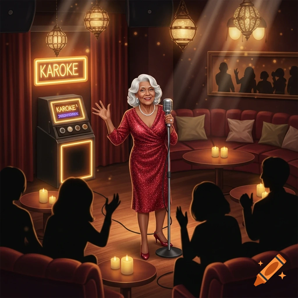 A senior woman with white hair in a red sparkly dress sings into a vintage microphone at a karaoke bar, with a neon sign.
