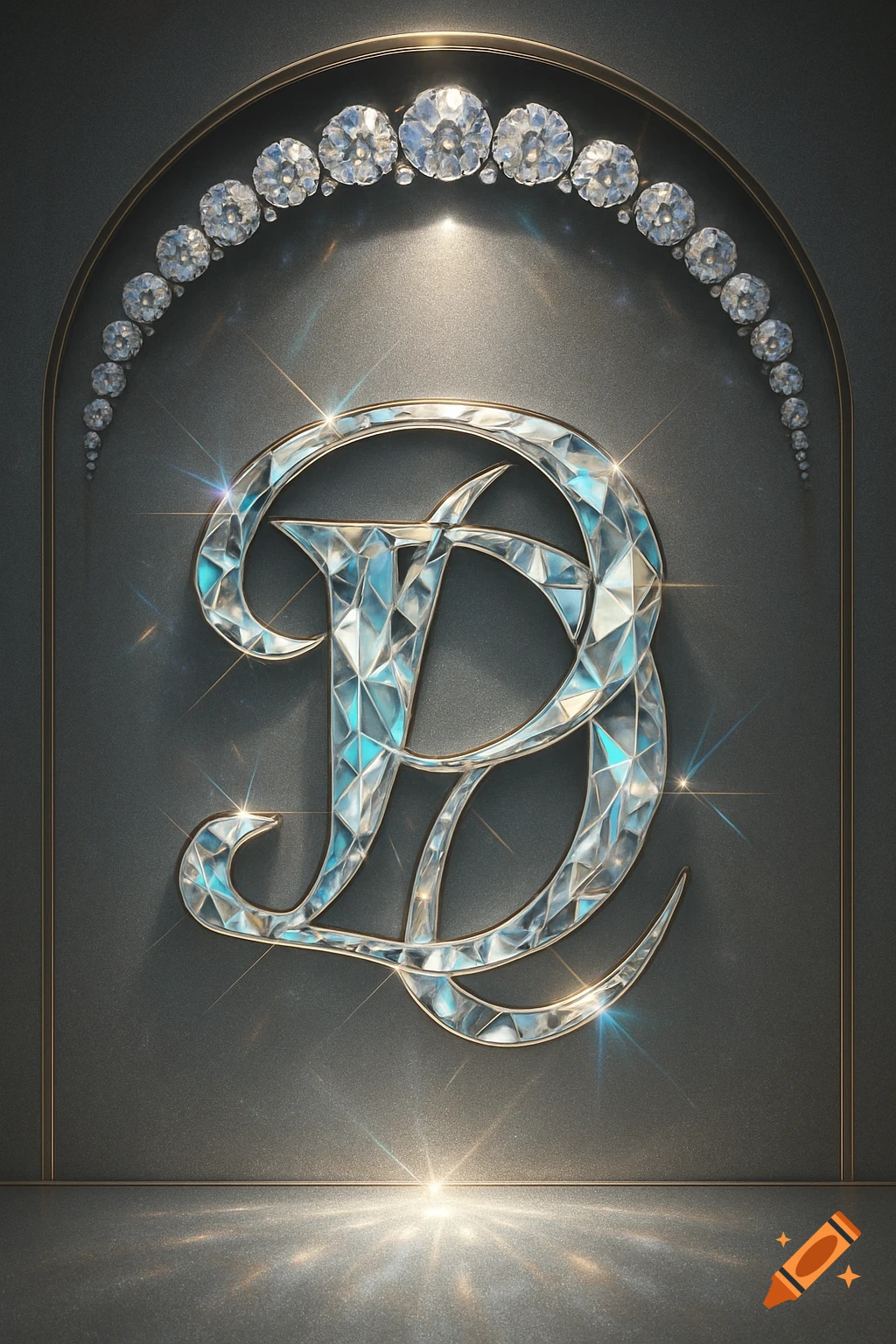 A sparkling diamond monogram, likely the letter 'B' or 'D', set in a gold-edged arch with a row of diamonds above, against a dark grey background with glistening light effects.