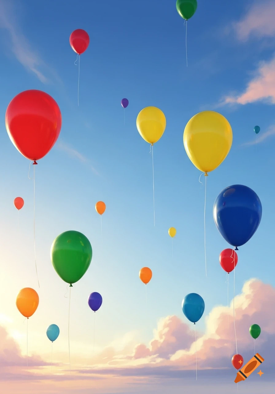 Colorful balloons of various sizes and colors float in a bright blue sky with soft clouds near the horizon.