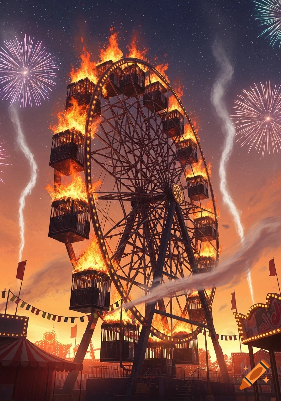A large Ferris wheel is engulfed in fire at a carnival, with fireworks bursting in the twilight sky.