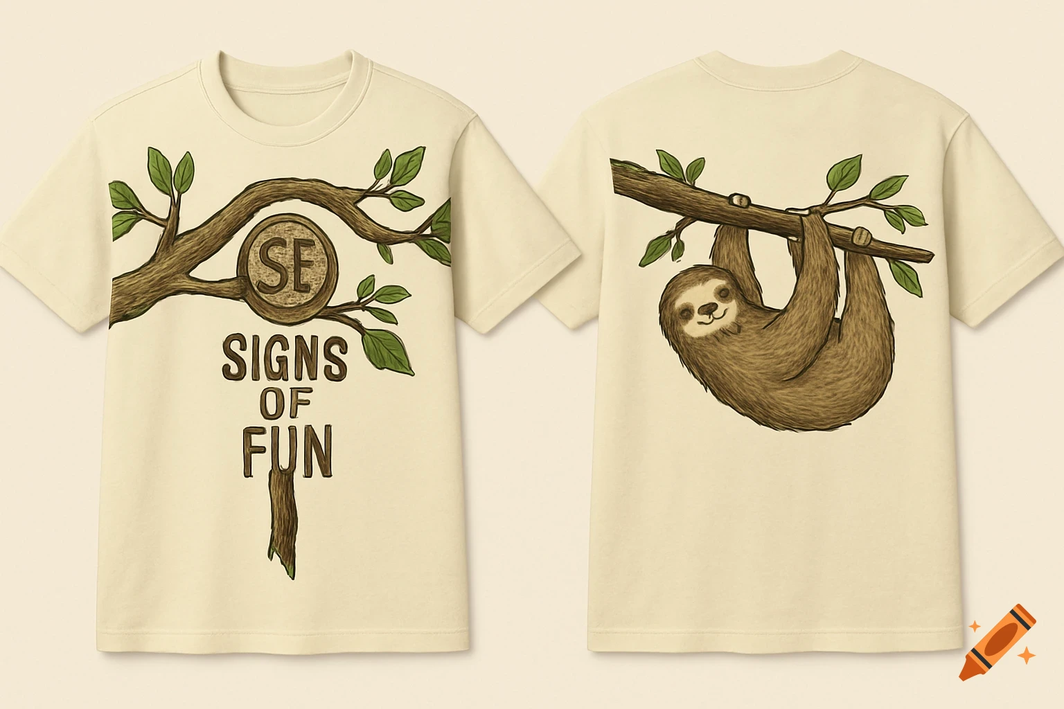 Cream t-shirt with front design of a tree branch, 'SE' logo, and 'SIGNS OF FUN' text. Back features a hanging sloth illustration.