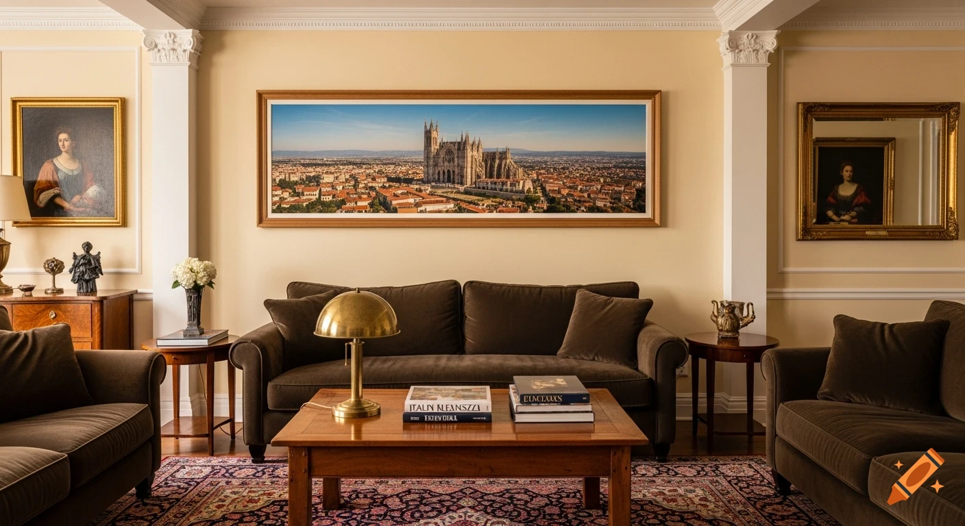 An elegant traditional living room with cream walls, a brown velvet sofa, and a panoramic cityscape artwork above it. An ornate rug covers the floor.