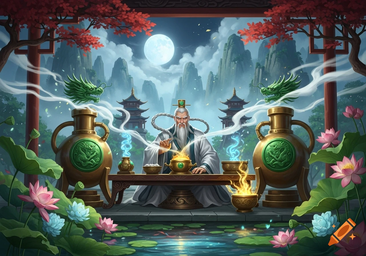A wise old Chinese alchemist performs magic with glowing artifacts between two dragon statues, surrounded by a lotus pond, mountains, and a full moon.