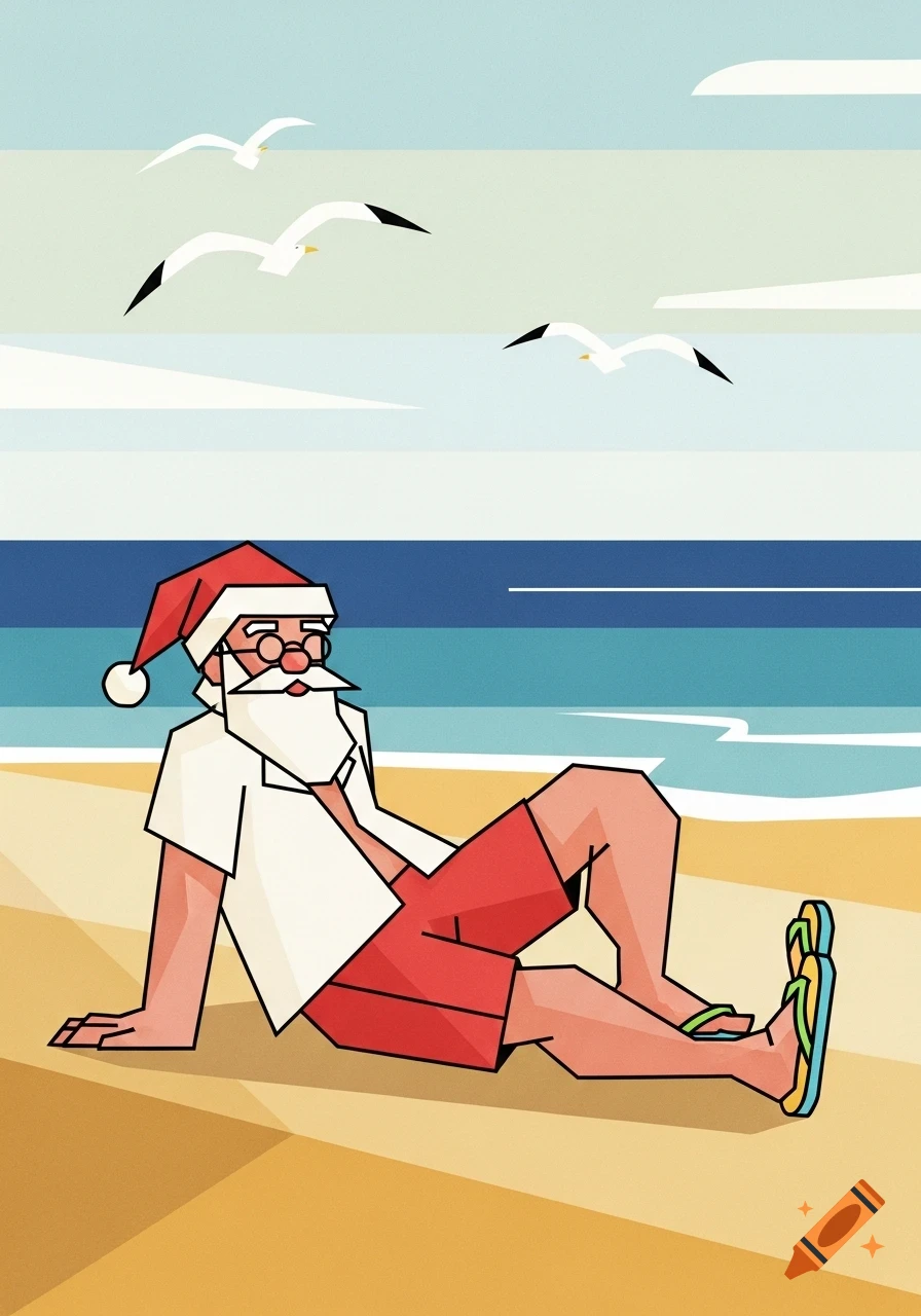 Minimalist cubist illustration of Santa Claus relaxing on a sandy beach wearing shorts and a Santa hat, with seagulls flying above the ocean.