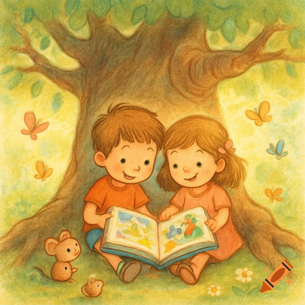 Cartoon of a boy and girl reading a storybook under a tree, with butterflies and mice, in soft pastel colors.