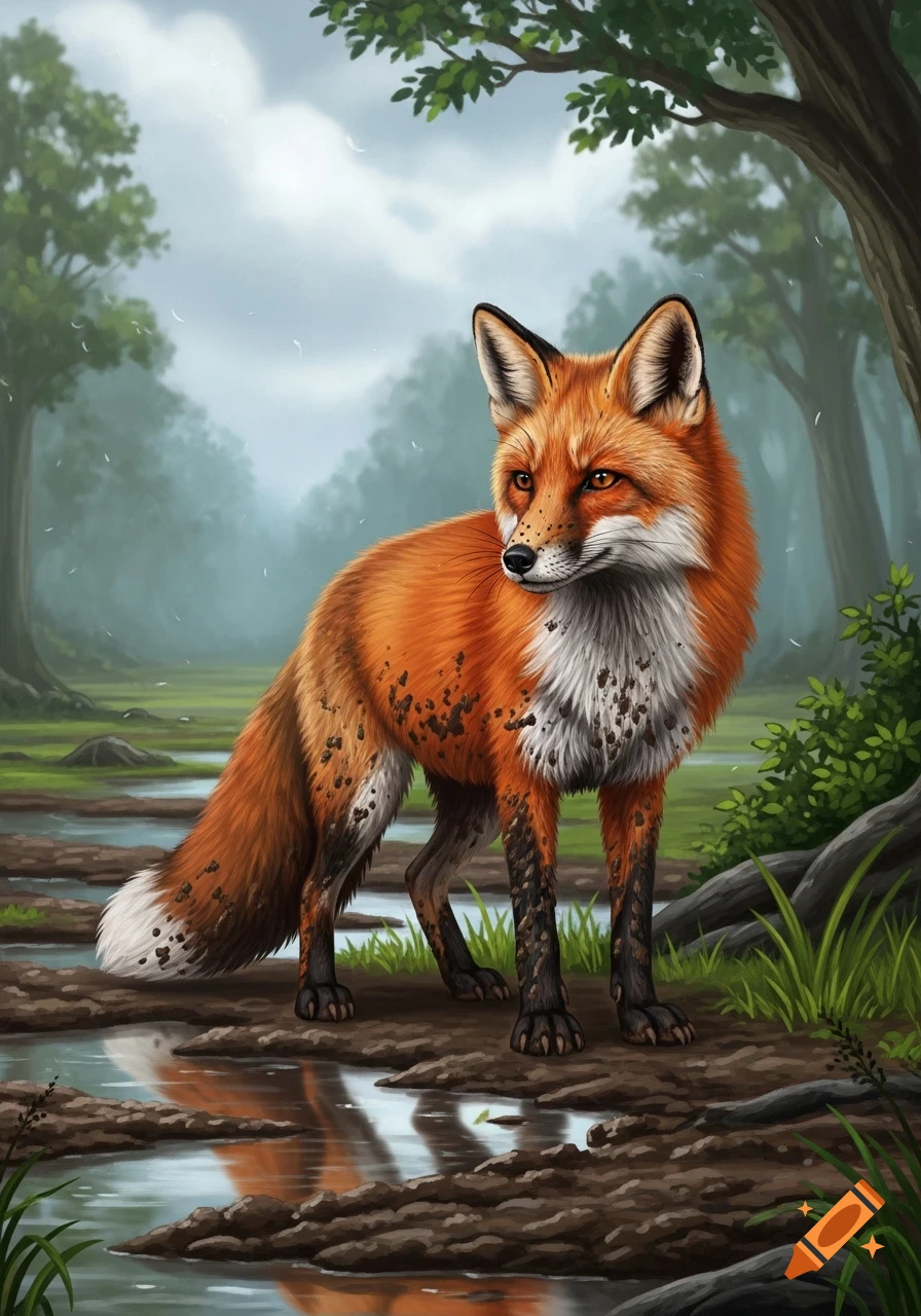 A vibrant red fox, covered in mud, stands on a wet, muddy forest path with water reflections, digital painting style.