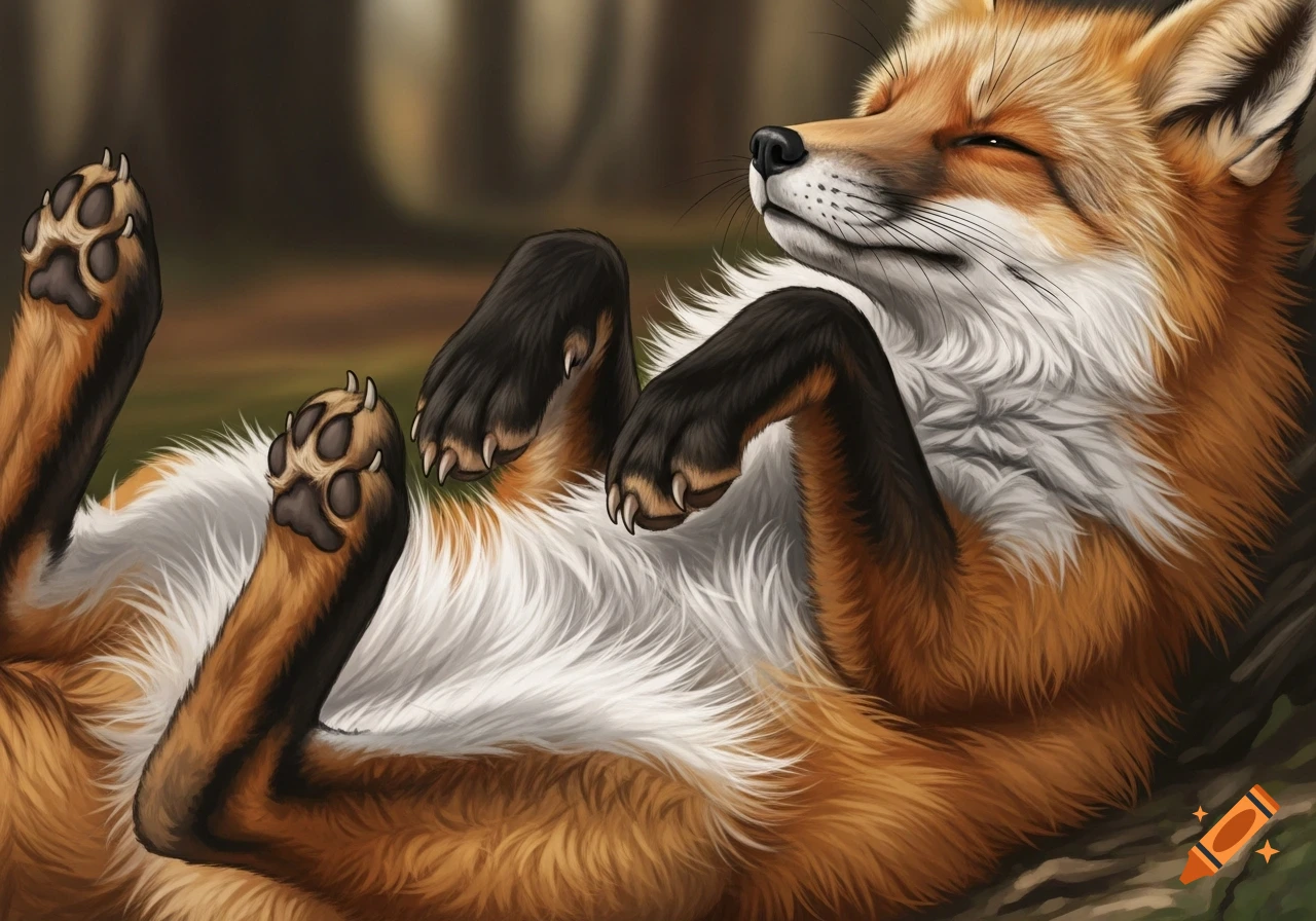 Close-up digital painting of a happy fox on its back, showing its fluffy orange and white belly and paws.