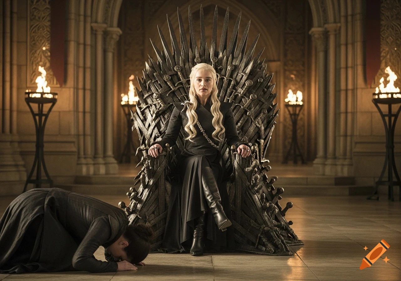 Daenerys Targaryen on the Iron Throne, a woman bowing at her feet in a grand, torch-lit hall.