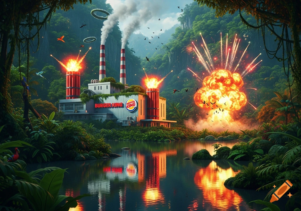 A fantastical Burger King factory in a lush jungle, with smoke from chimneys, multiple bright explosions, and fire reflected in a river.