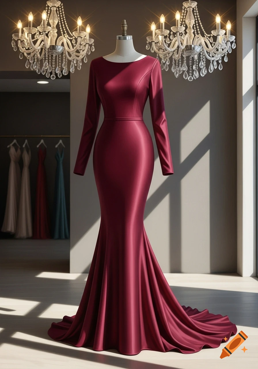 A photorealistic long-sleeve burgundy mermaid-style dress on a mannequin in a boutique with chandeliers.