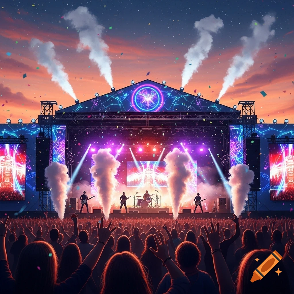 A vibrant outdoor concert scene at sunset, with a band performing on a brightly lit stage amidst smoke and confetti, viewed from a cheering crowd.