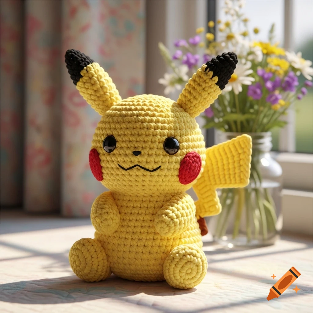 A yellow hand-crocheted Pikachu plush toy with red cheeks and black-tipped ears sits on a table with a vase of flowers in the background.