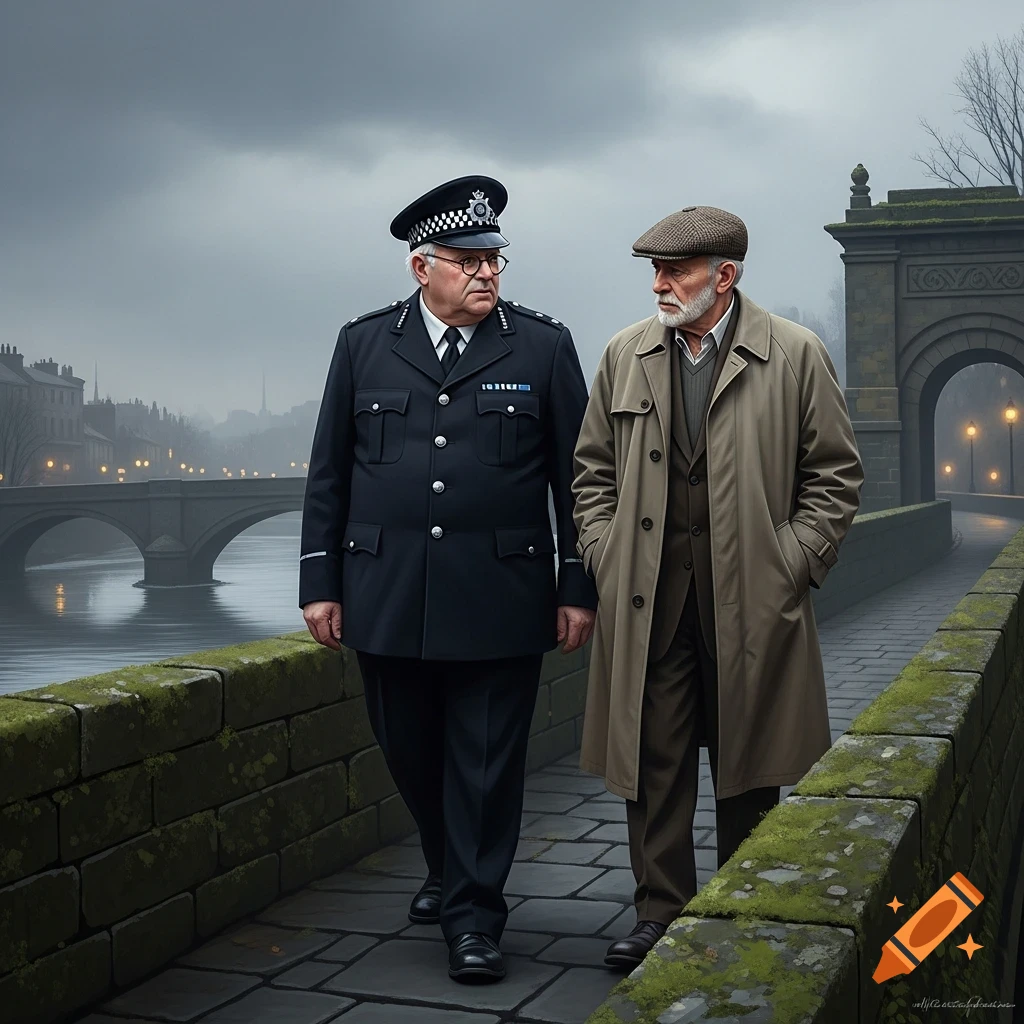 Two older men, one a policeman and the other in a trench coat, walk and converse on a stone bridge under a cloudy sky.