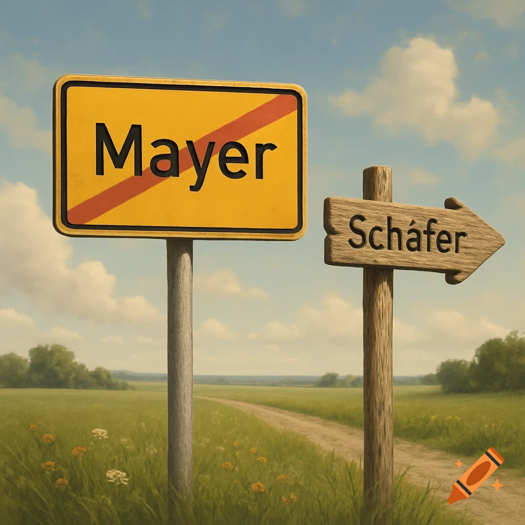 A yellow sign with "Mayer" crossed out and a wooden arrow sign with "Schäfer" pointing right in a green field.