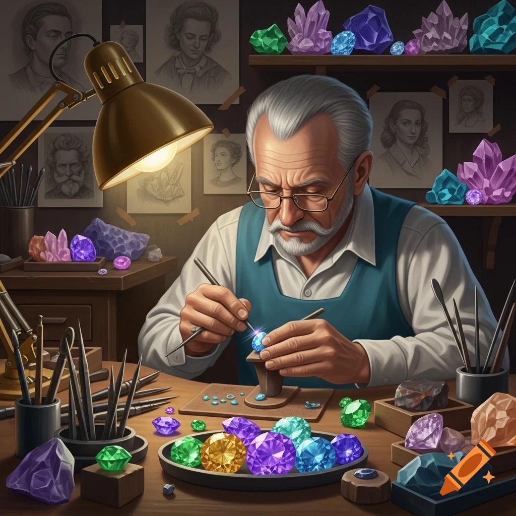 An elderly jeweler intently works on a sparkling blue gemstone at a cluttered workbench, surrounded by colorful cut and uncut gems and tools.