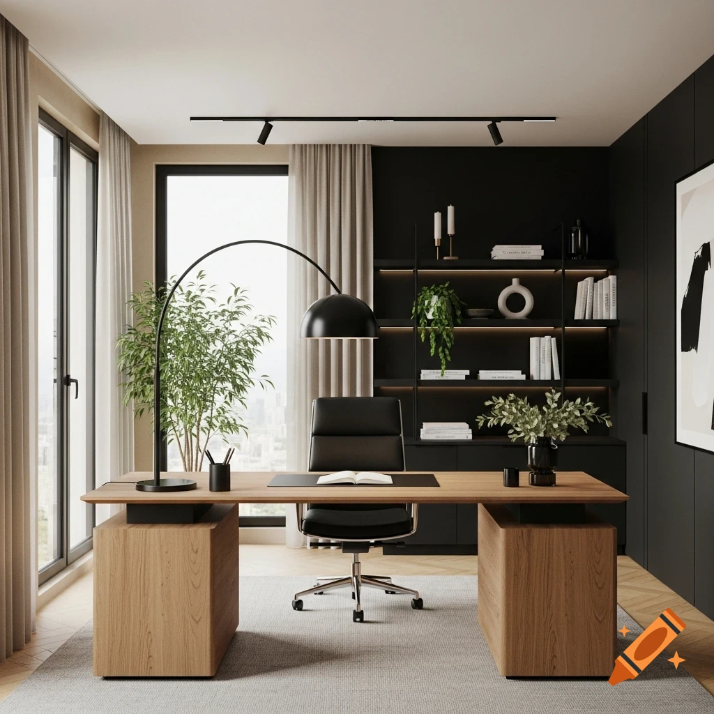 A modern office featuring a wooden desk, black office chair, and arc lamp against a black wall with shelves and a sand-colored wall with large windows.