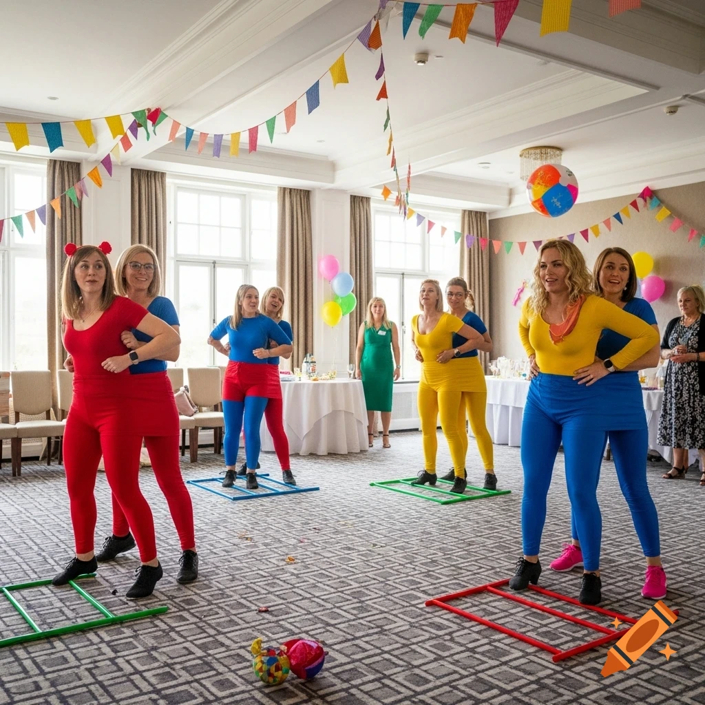 A group of women in colorful red, blue, and yellow outfits play a party game in a decorated room, appearing conjoined in pairs.