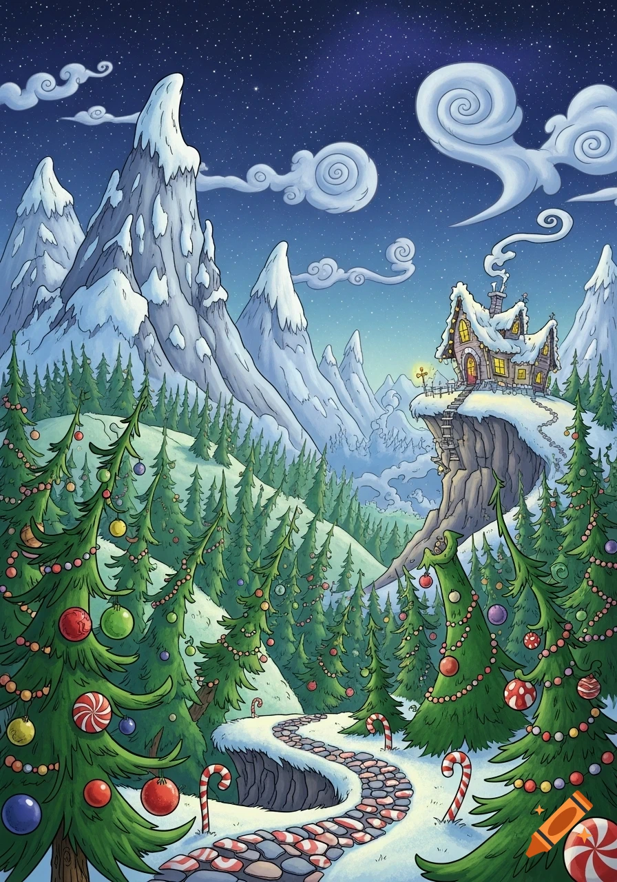 Whimsical winter wonderland cartoon with snow-capped mountains, decorated Christmas trees, a candy cane path, and a cozy house.