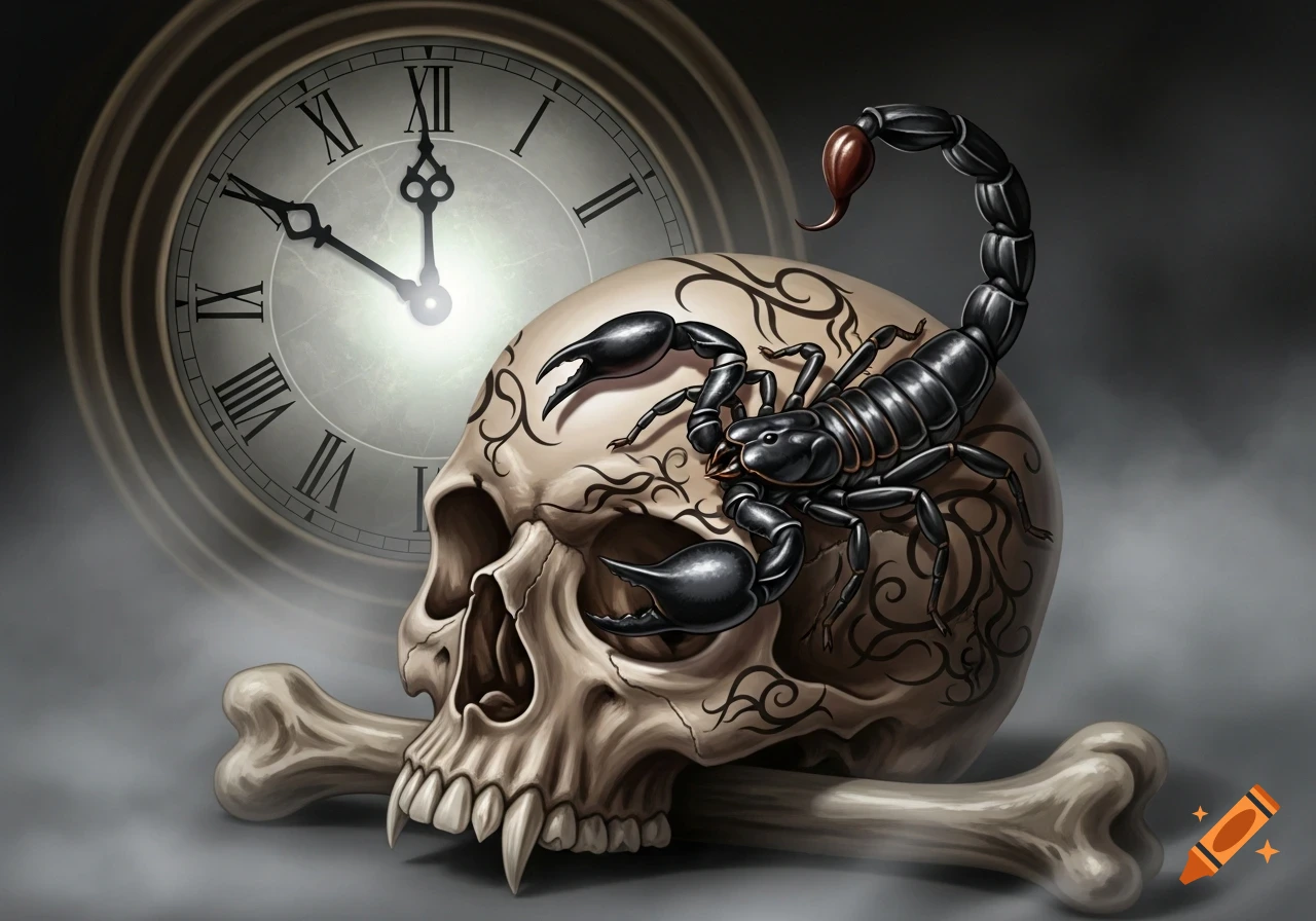 A stylized illustration of a skull with a scorpion on it, resting on a bone, with a clock in the background.