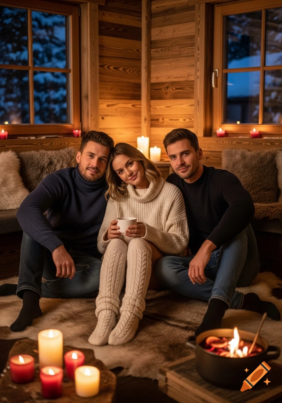 Two men and a woman sit on a fur rug in a candlelit wooden chalet. The woman wears a turtleneck and overknee socks, holding a mug.