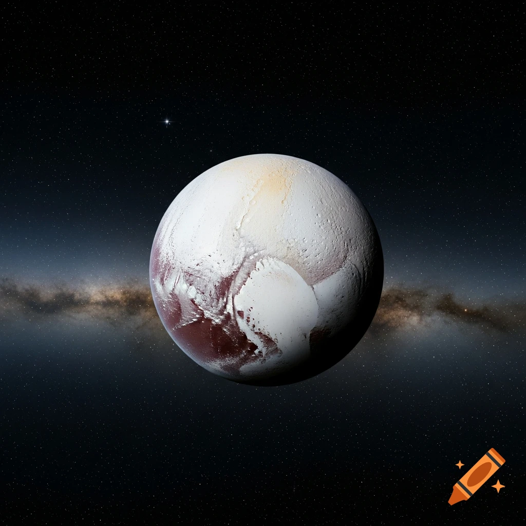Pluto, a dwarf planet with white and reddish ice, set against a dark starry sky with the Milky Way.