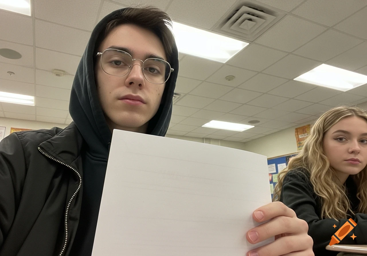 A candid low-angle selfie of a male student in glasses and a hoodie holding a blank paper, with a female student partially visible in a classroom.