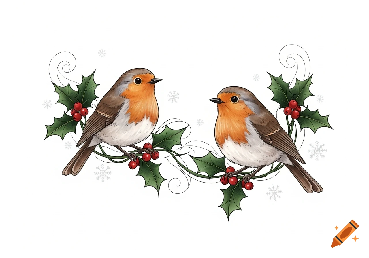 Two robins perch on a holly branch with red berries and snowflakes, in a tattoo art style.