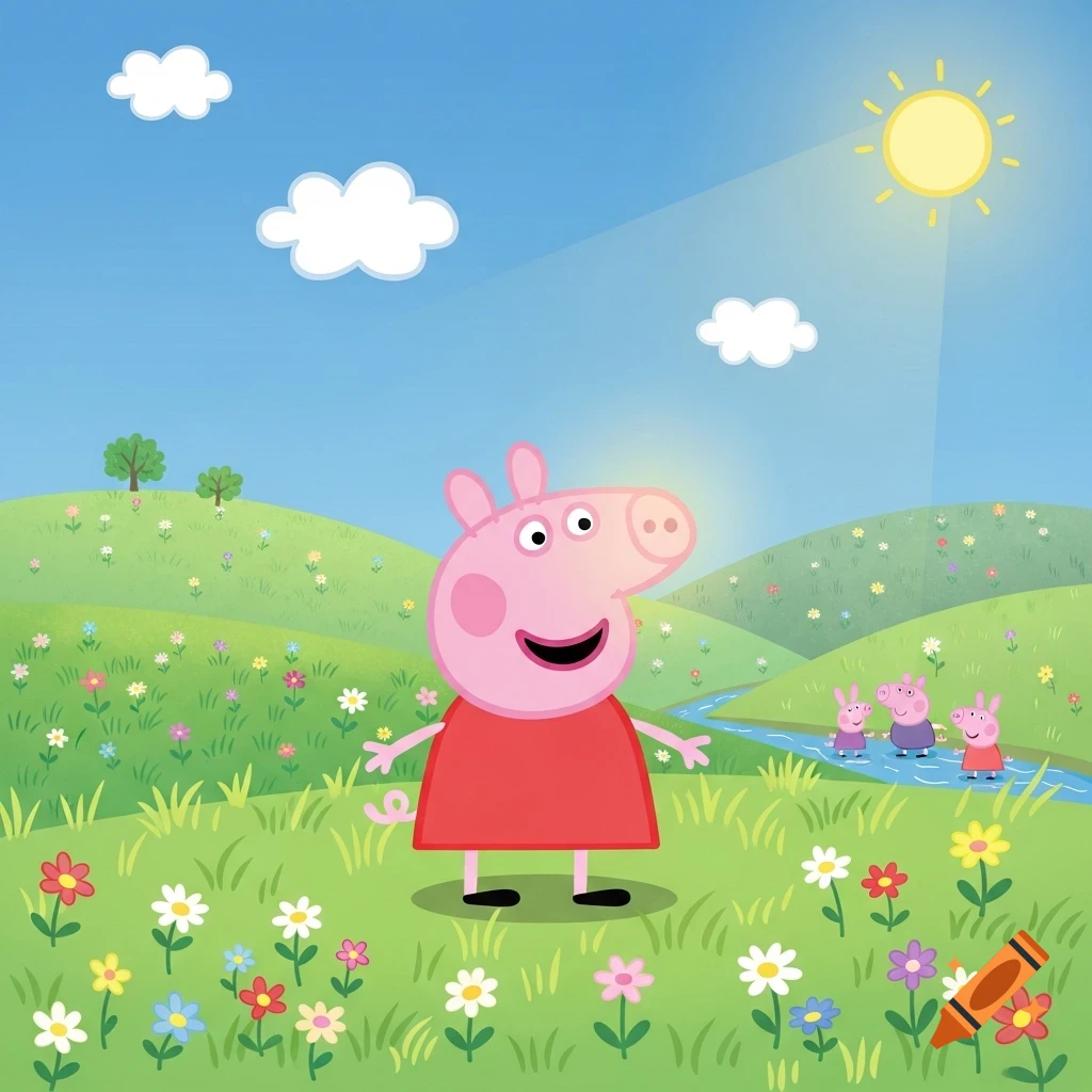 A cartoon of Peppa Pig smiling in a field of colorful flowers under a sunny blue sky, with other pig characters by a stream.