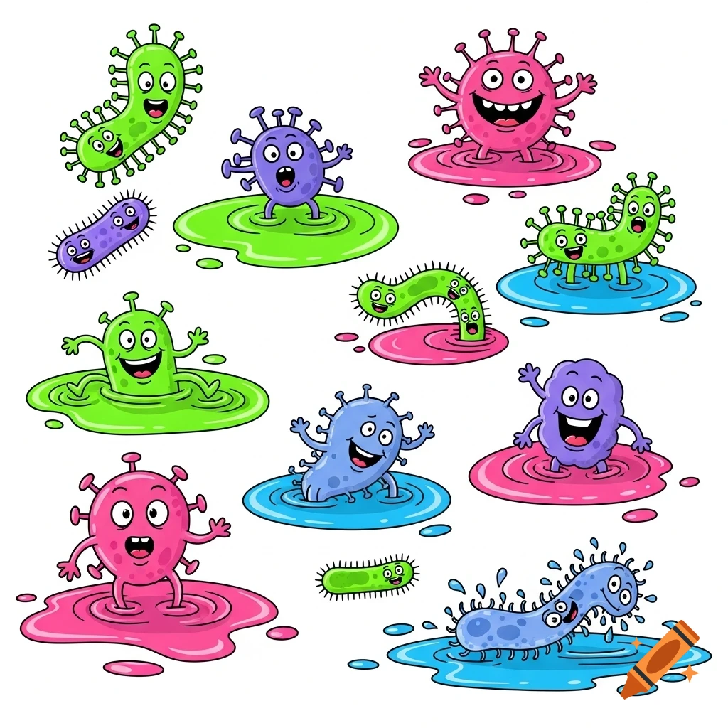 Illustration of various colorful, happy cartoon germs and viruses in green, pink, and blue puddles.