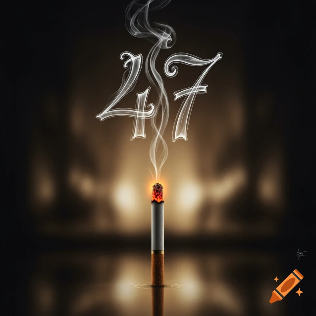 A lit cigarette with glowing embers, emitting smoke that forms the numbers '47' on a dark, reflective background.