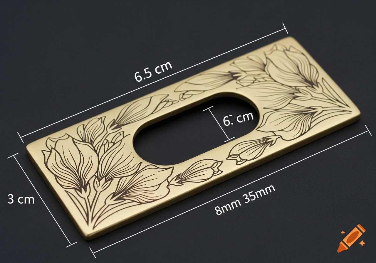 A brass rectangular sword guard with engraved floral designs and a central oval cutout, displayed with dimension lines and text indicating 6.5 cm length, 3 cm width, and 6. cm by 8mm 35mm for the cutout.