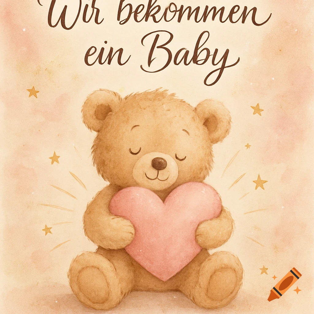 Watercolor illustration of a brown teddy bear holding a pink heart, with 'Wir bekommen ein Baby' text and golden stars.