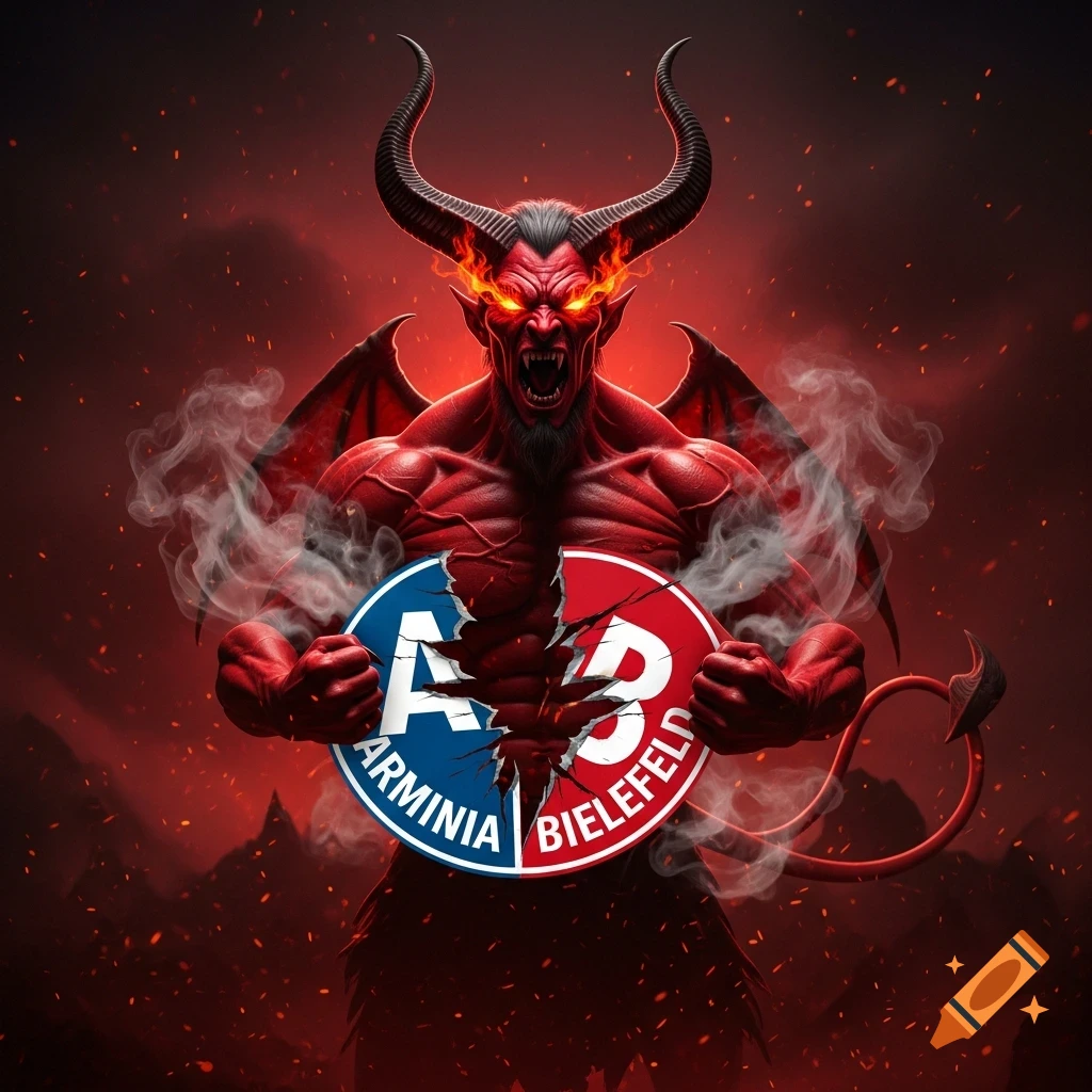 A muscular red devil with horns and glowing eyes tears apart a circular logo for Arminia Bielefeld, surrounded by smoke and embers.