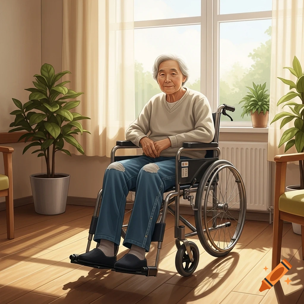An elderly Asian person with gray hair sits in a wheelchair by a sunlit window with plants, in an illustrative style.