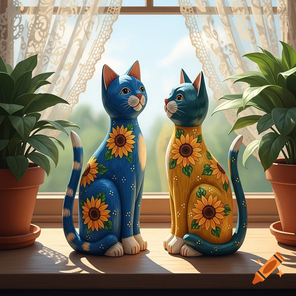 Two blue and yellow wooden cats with sunflower patterns sit on a windowsill next to potted plants.