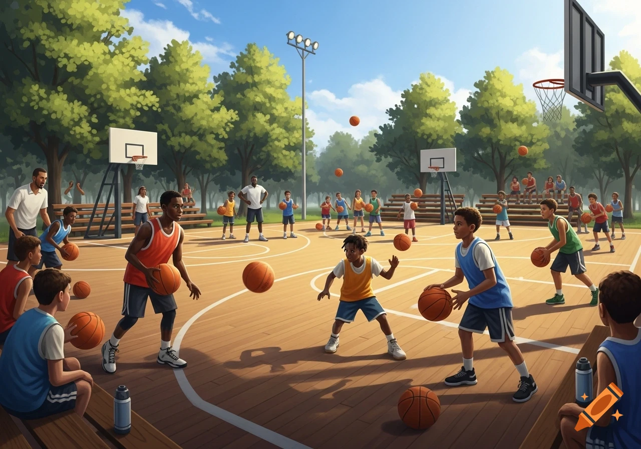 Vibrant illustration of children and adults playing basketball at an outdoor camp surrounded by trees.