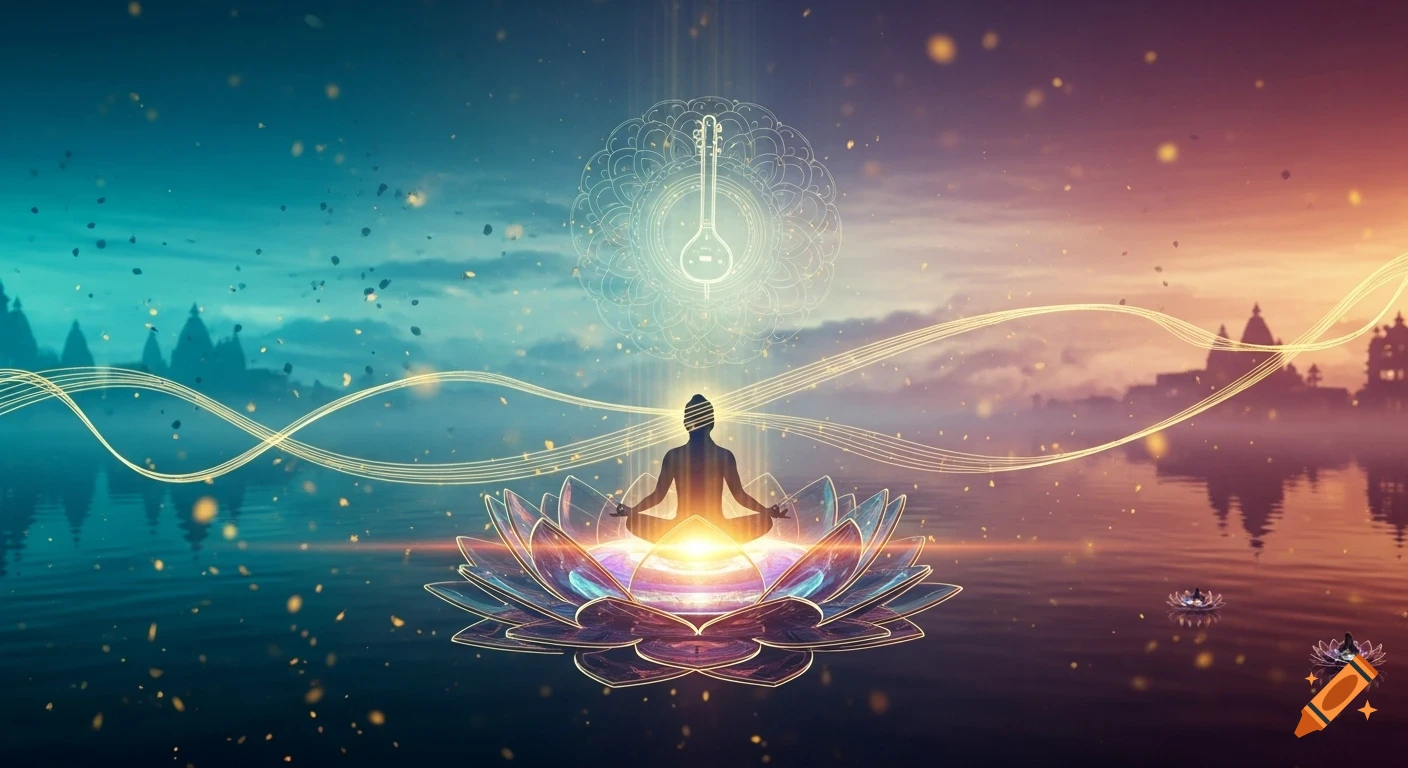 A silhouette meditates on a glowing lotus flower on water, with a cosmic sitar symbol above and temples in a vibrant, misty sunset landscape.