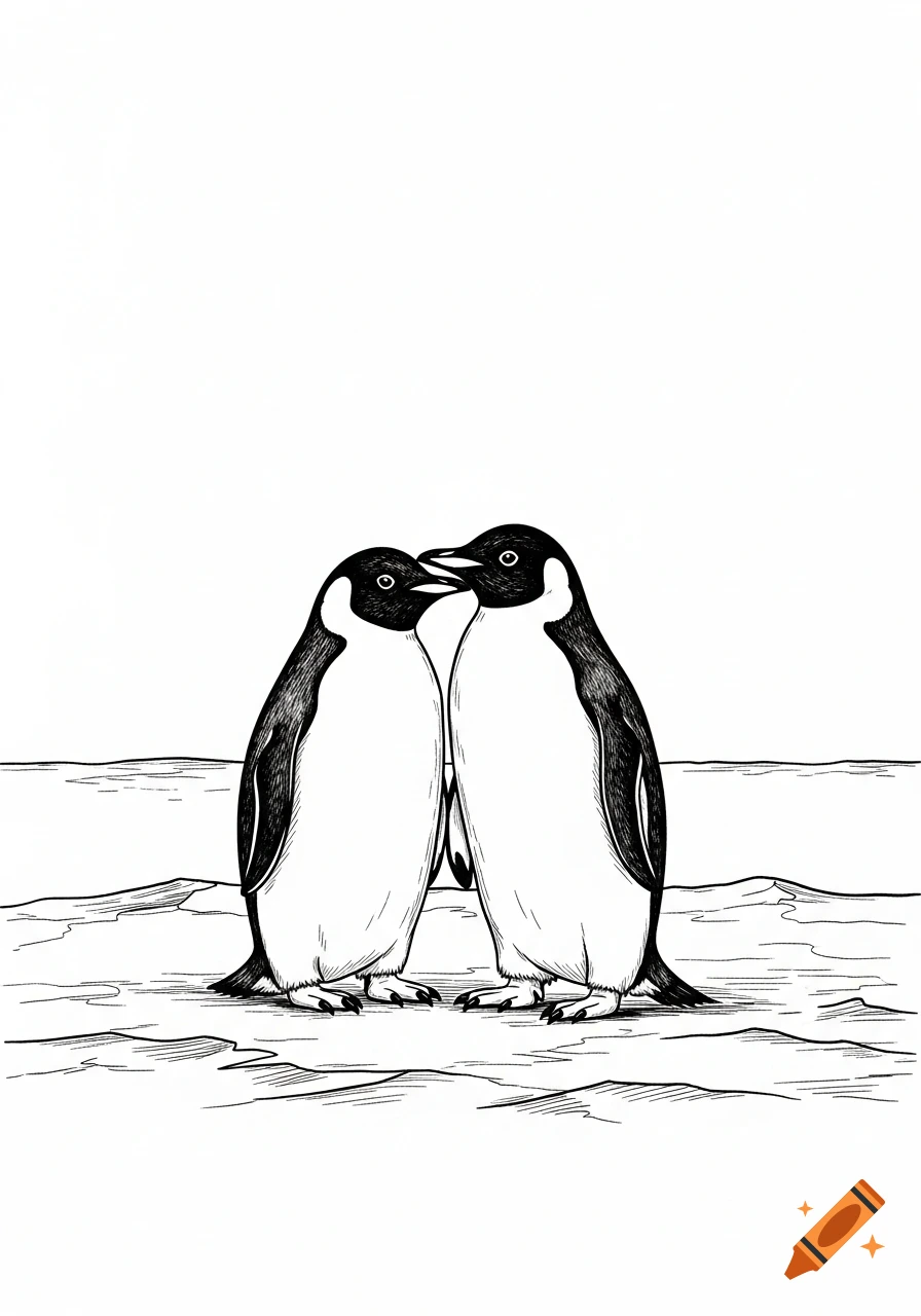 Two penguins with dark plumage and white chests face each other on an icy surface, drawn in black and white.