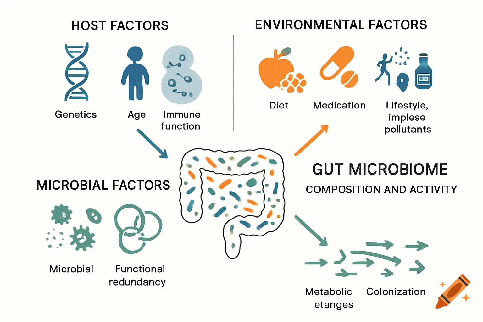 A minimalistic scientific diagram illustrating host, environmental, and microbial factors influencing the gut microbiome composition and activity, featuring icons for genetics, diet, and bacteria.