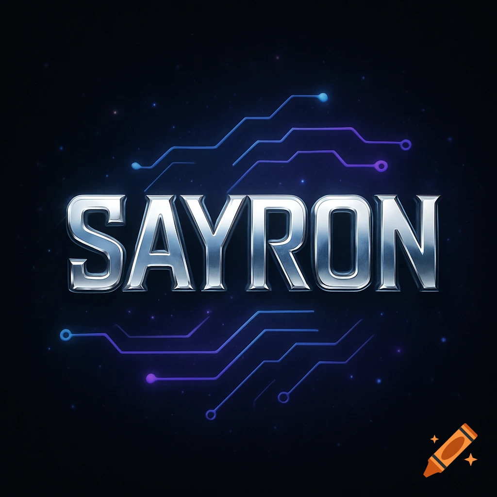 Metallic 'SAYRON' logo with glowing blue and purple neon circuit lines on a dark, starry background.