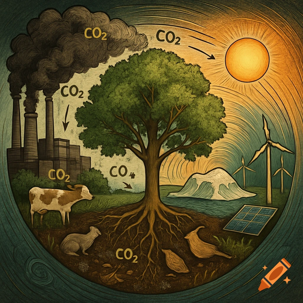 An illustrative diagram of the carbon cycle, showing factories emitting CO2, a tree absorbing it, animals, and renewable energy sources like wind turbines and solar panels.