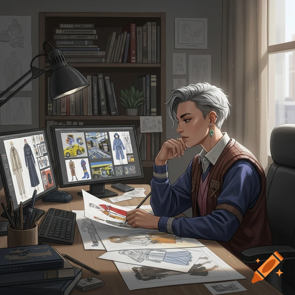 An illustrator with silver hair sits at a desk with two monitors, sketching fashion designs on paper.
