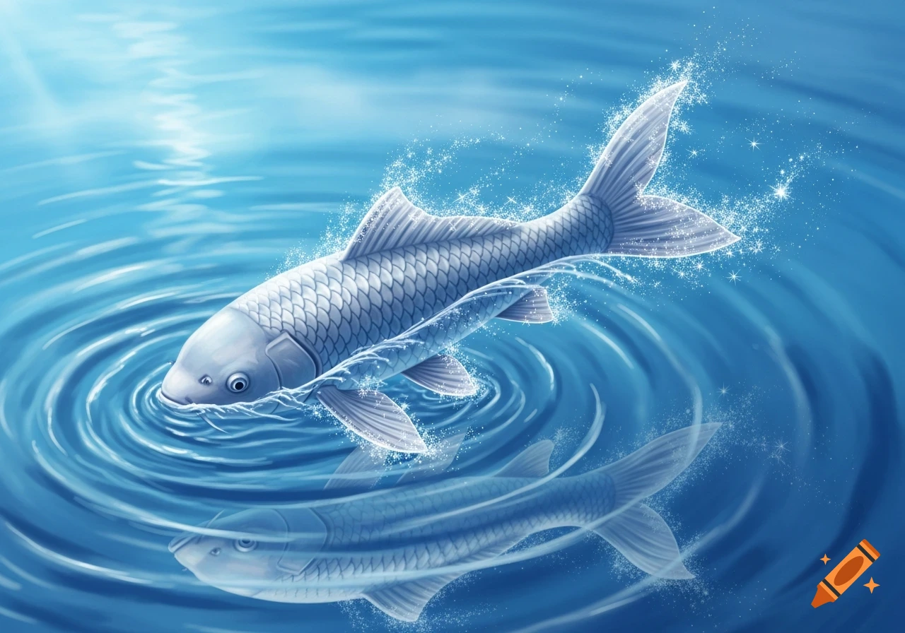 A shimmering platinum koi fish leaps from a ripple-filled blue lake, surrounded by sparkling magical effects, with its reflection below.