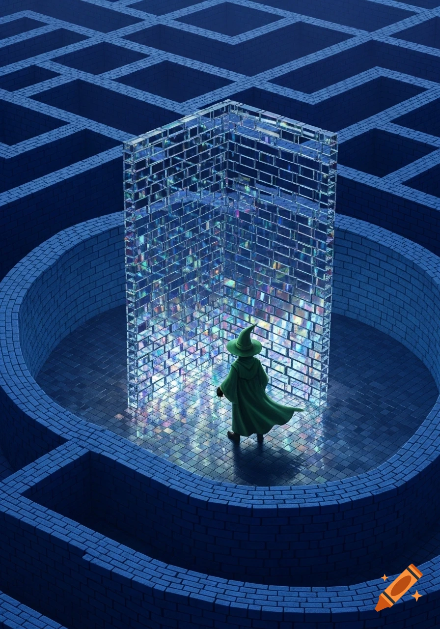 A wizard in a green robe and hat stands in a blue brick maze, looking at a shimmering transparent brick wall.