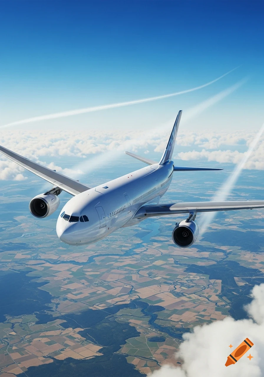 A white Airbus A330 passenger airplane flies high in a blue sky with contrails, above clouds and a patchwork landscape. Photorealistic.