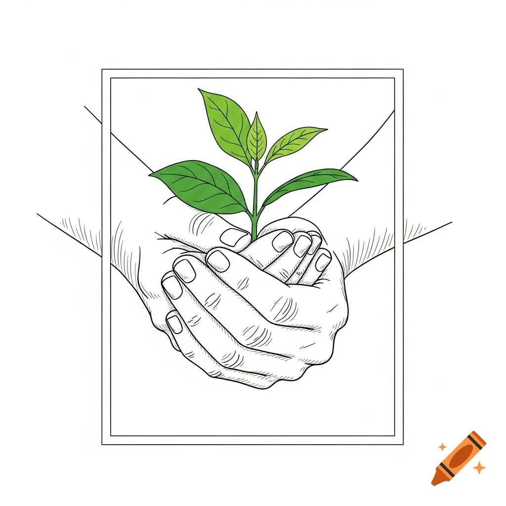 A line drawing illustration of two hands gently holding a small green plant seedling in a rectangular frame.
