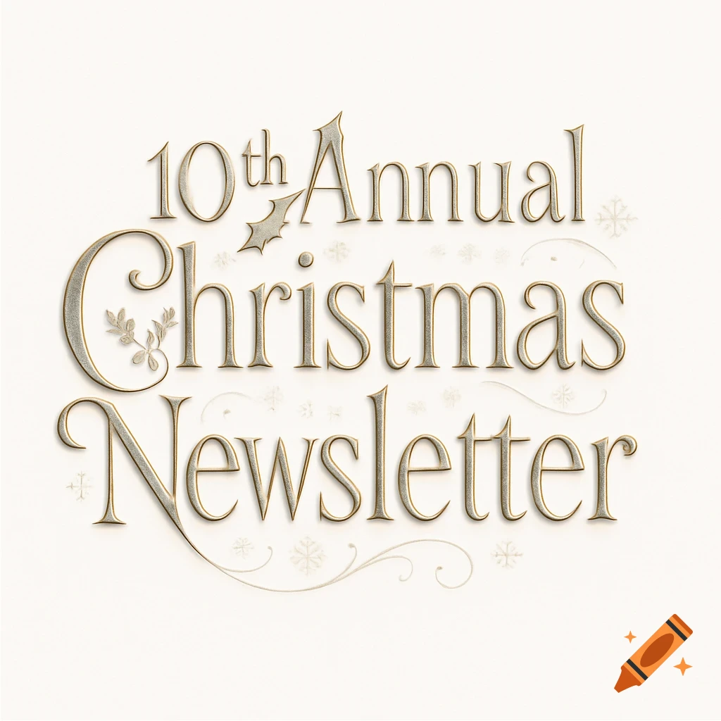 Decorative gold-silver text reading "10th Annual Christmas Newsletter" with subtle festive flourishes on a light background.