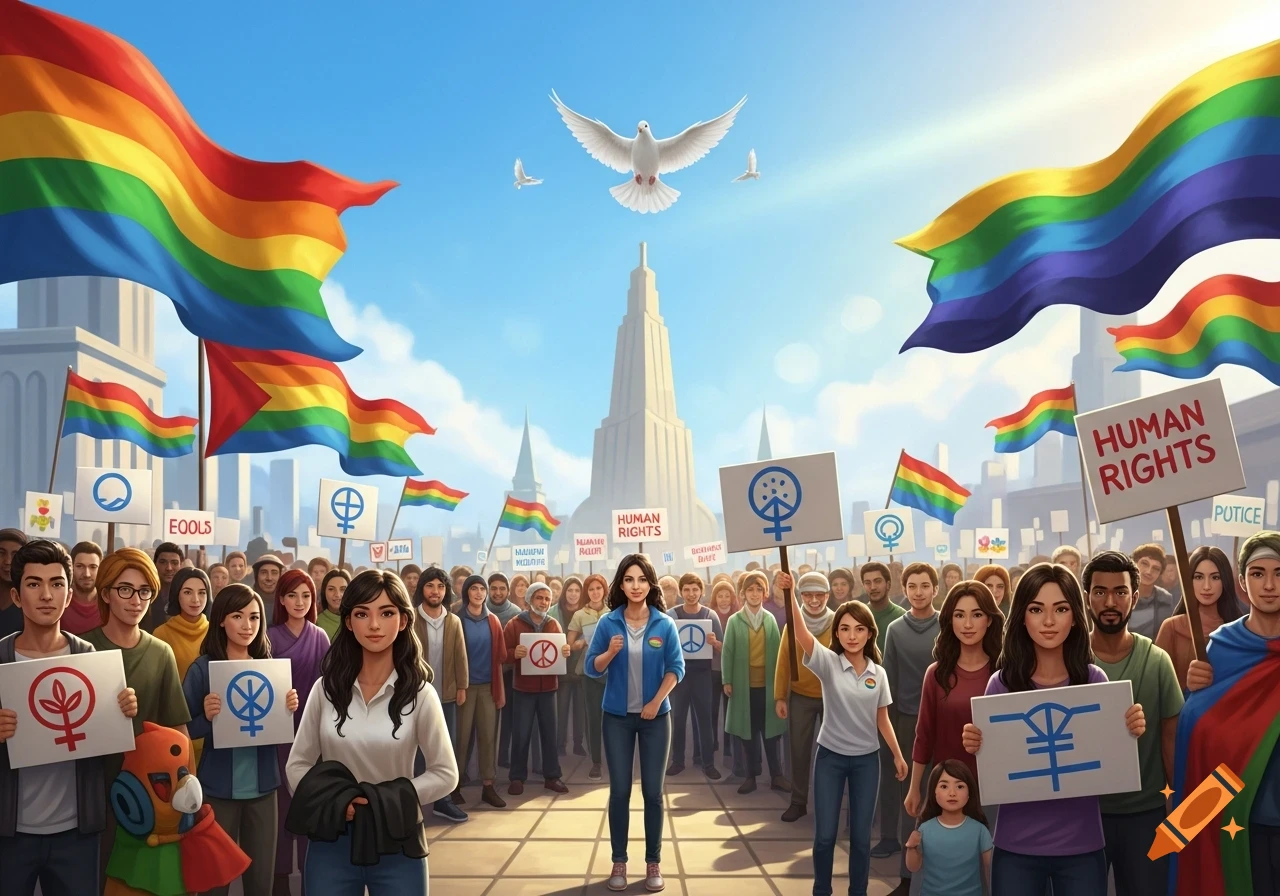 A large crowd of people holding signs and rainbow flags during a human rights protest under a bright sky with doves flying.