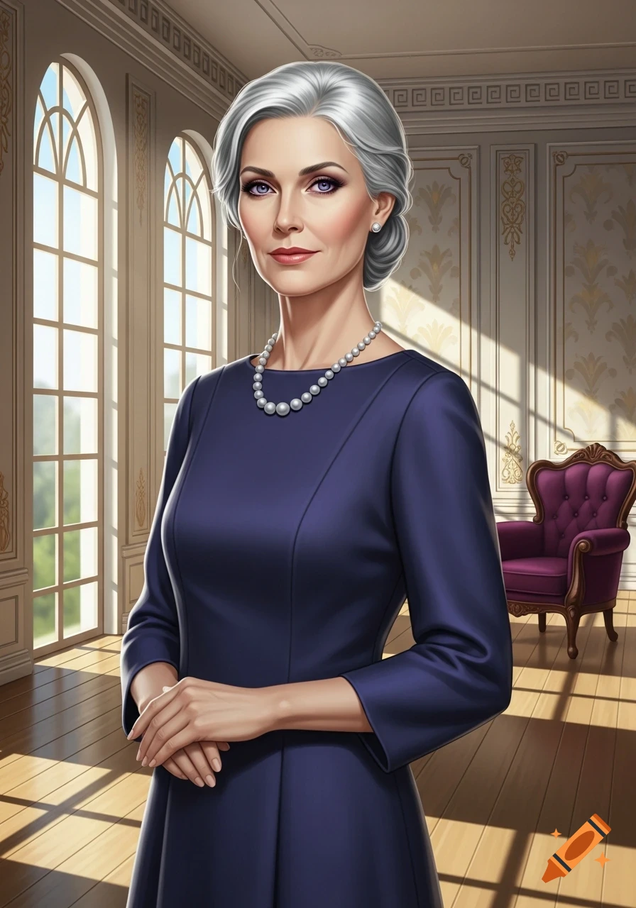 An elegant older woman with silver hair and violet eyes, wearing a navy dress and pearl necklace, stands in a stately room.